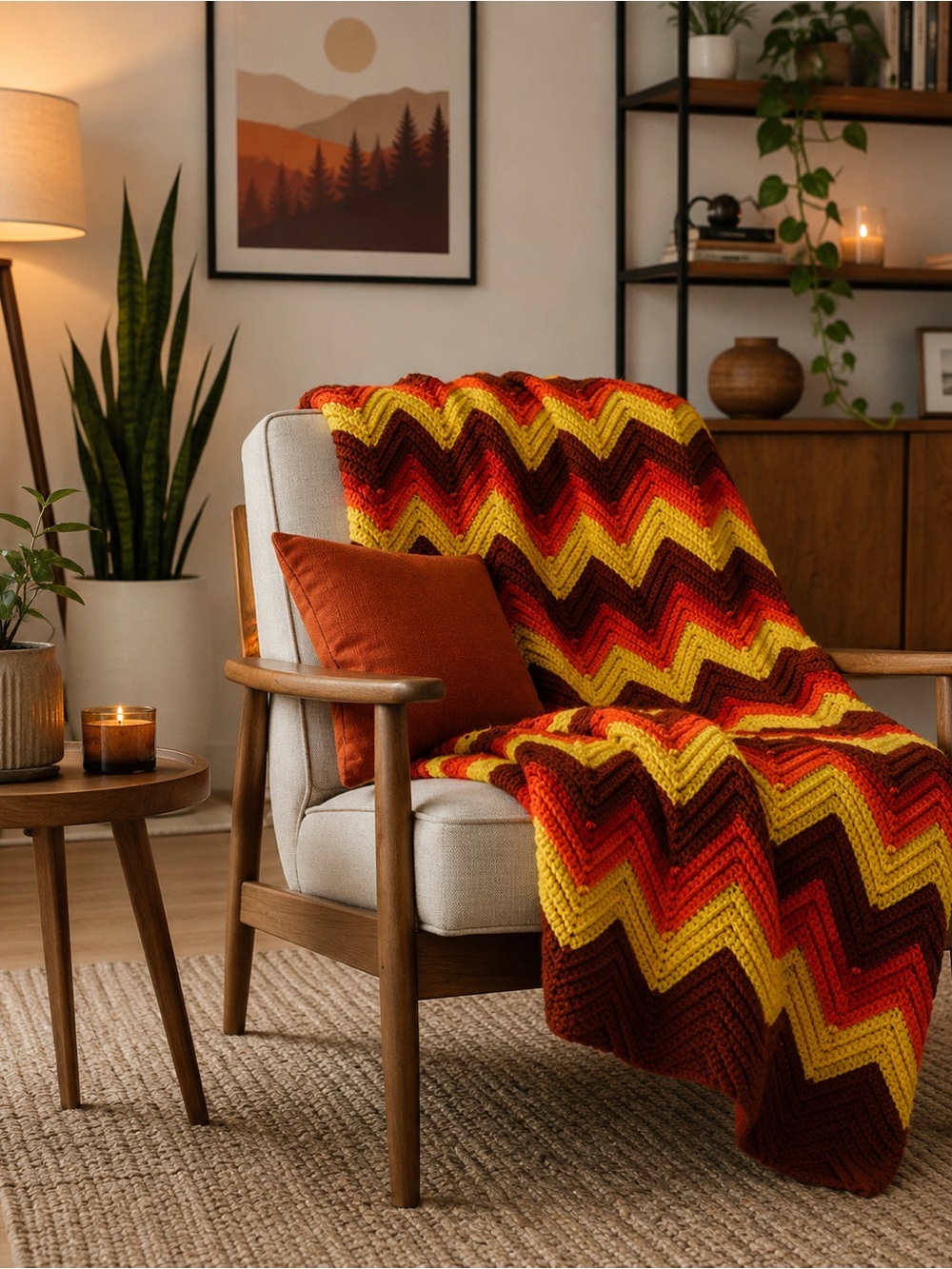 Handmade Retro Chevron Crochet Blanket | Autumn Harvest Colors | Vintage Afghan